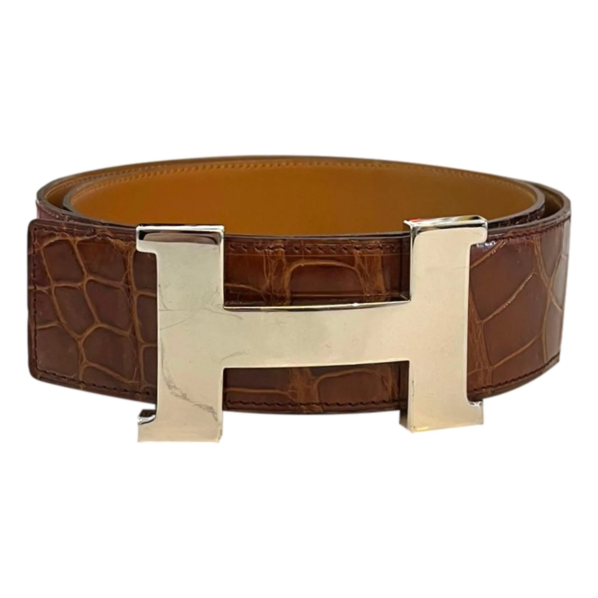 Hermes Shiny Crocodile Skin Belt With Large 'H' Palladium Buckle