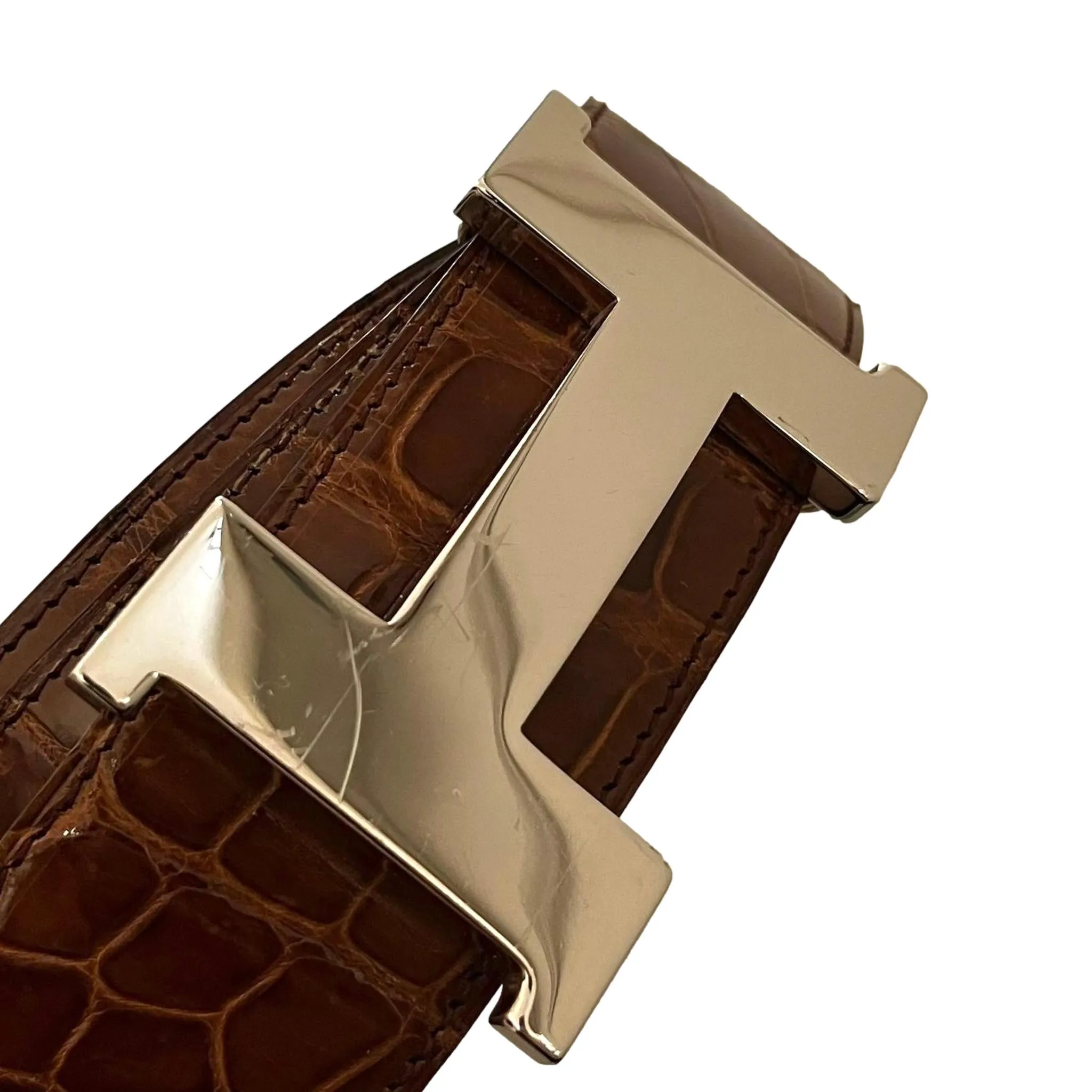 Hermes Shiny Crocodile Skin Belt With Large 'H' Palladium Buckle