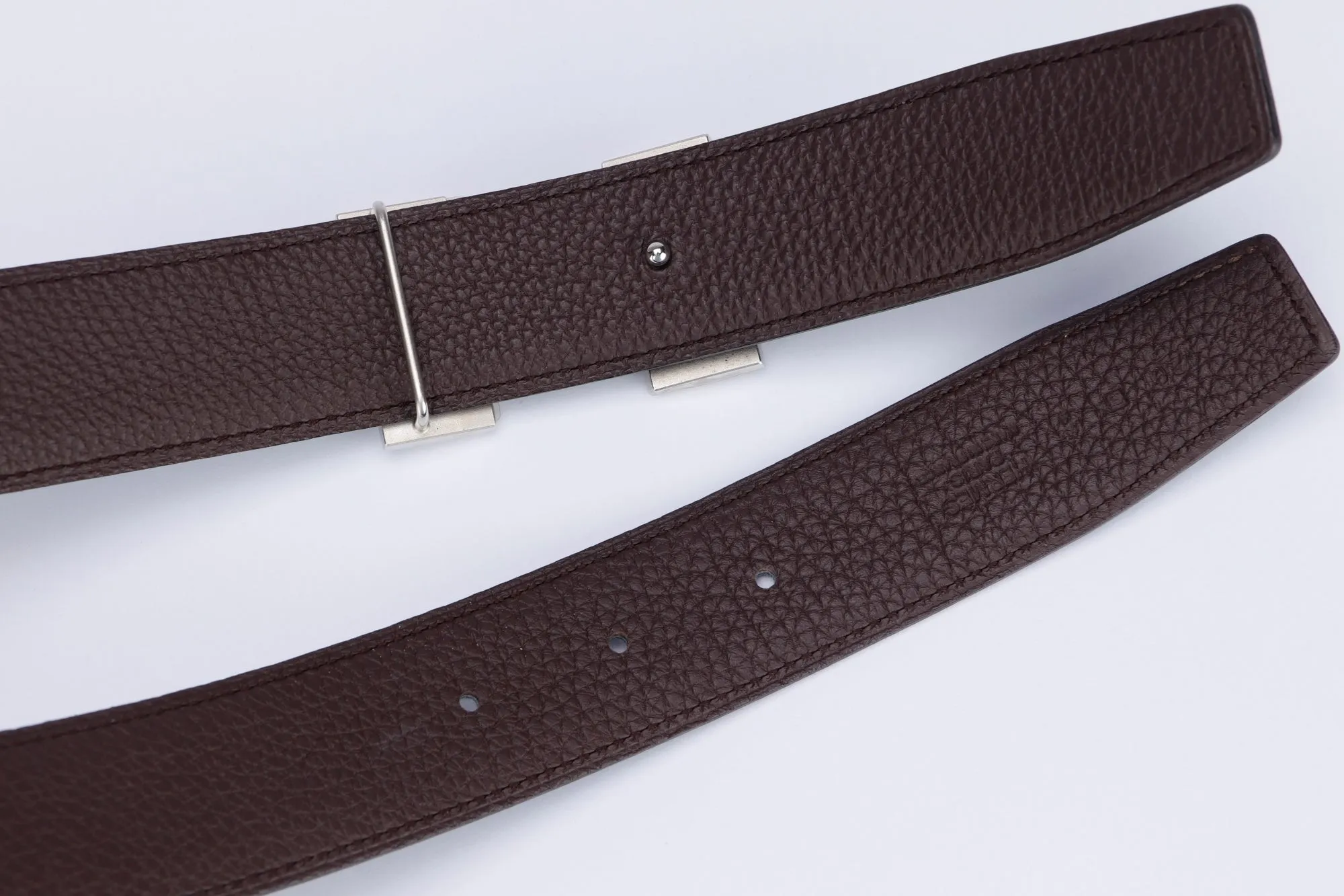 Hermes Silver H Buckle Belt with Dark Brown X Black Reversible Belt, Length 120cm, with Box