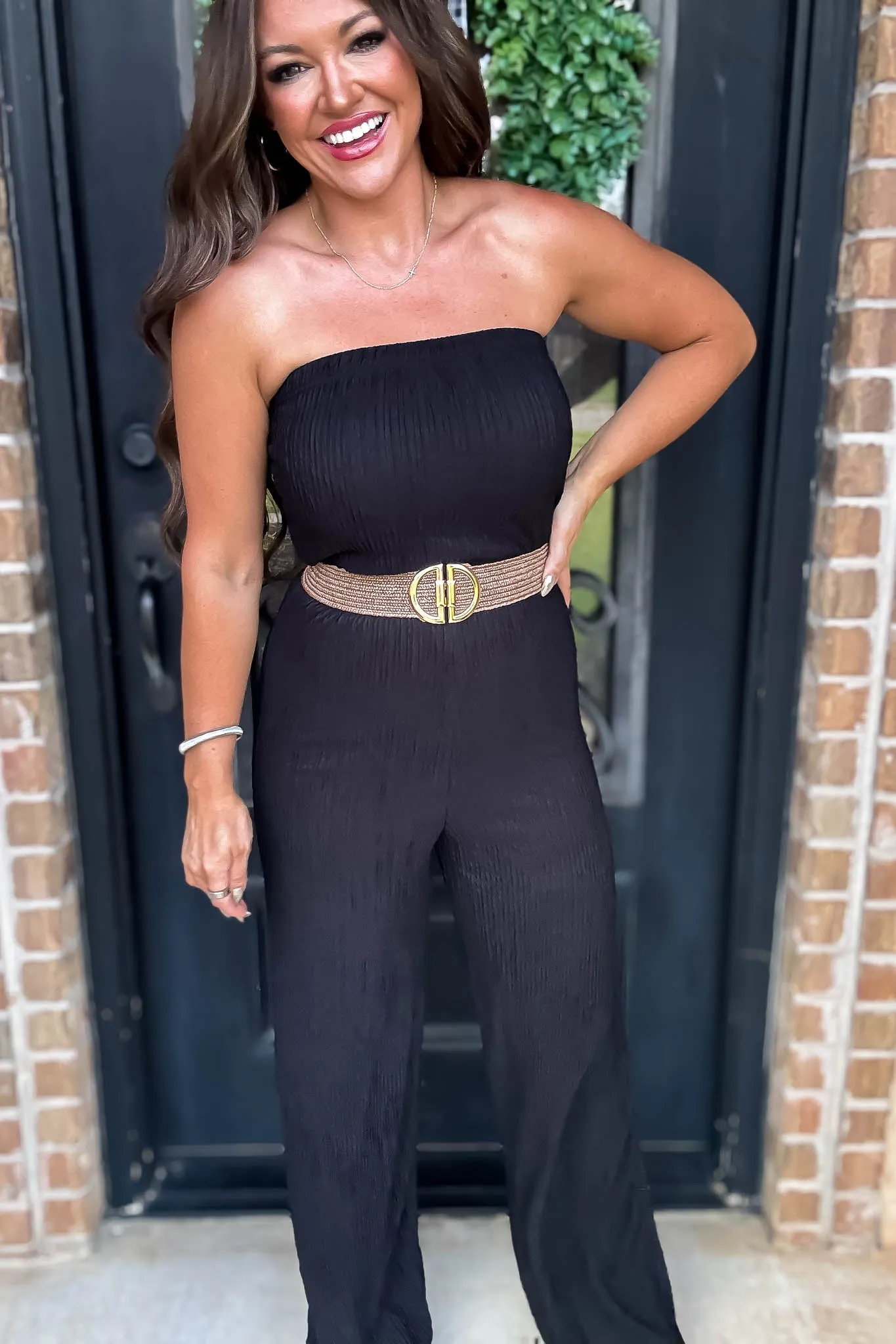 Iris Black Strapless Belted Wide Leg Jumpsuit