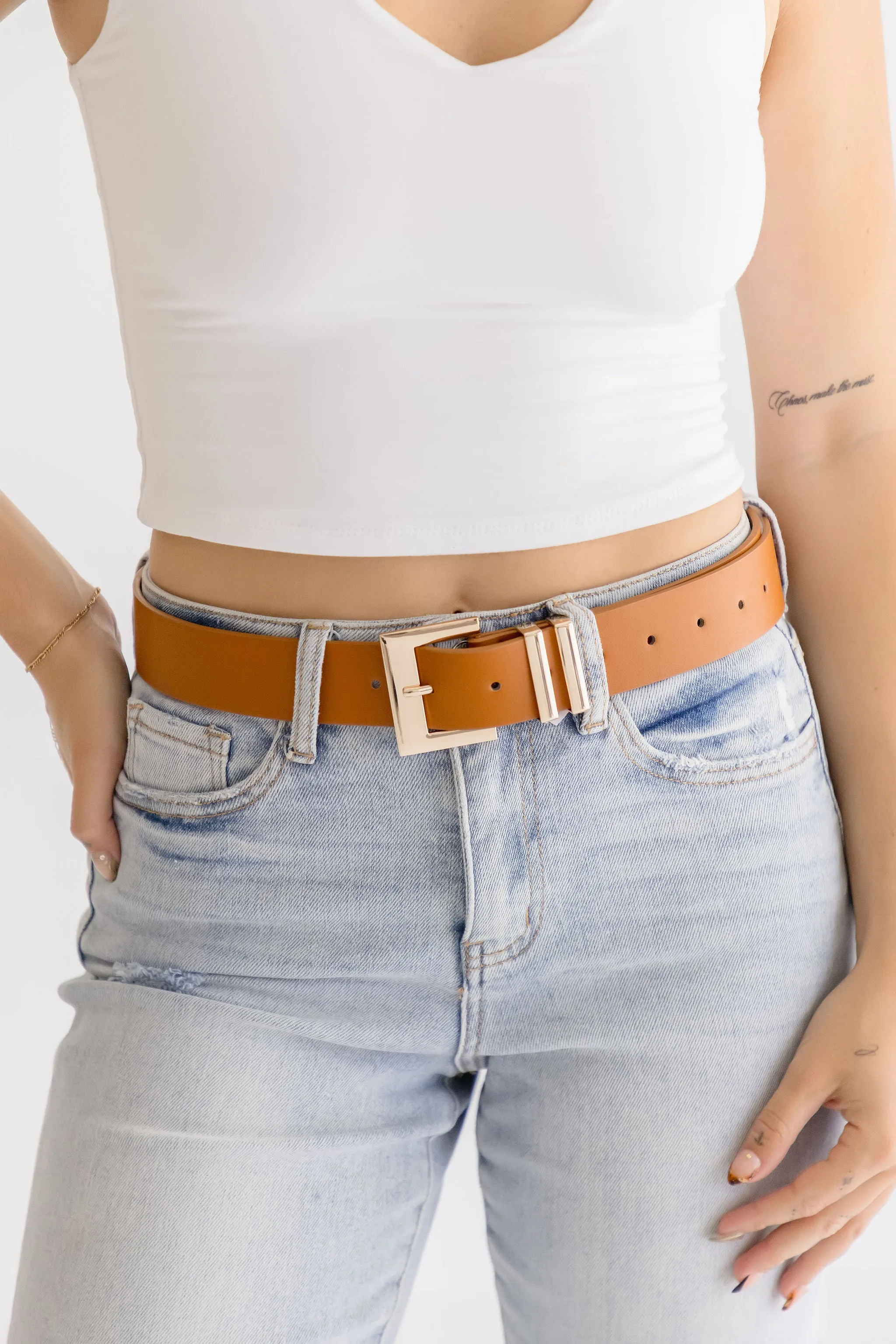 Julia Square Metal Buckle Vegan Leather Belt Cognac