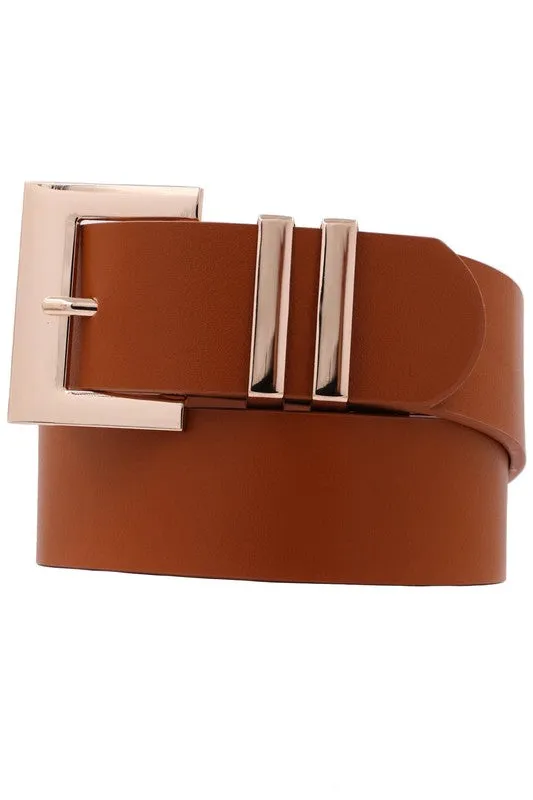 Julia Square Metal Buckle Vegan Leather Belt Cognac