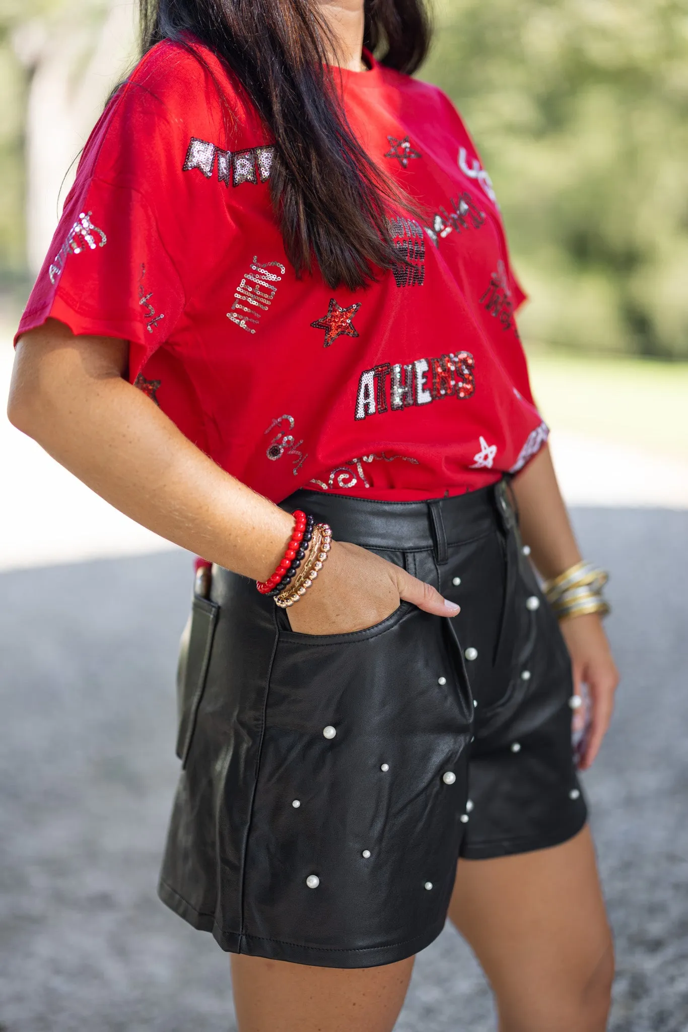 Leather And Pearls Black Shorts