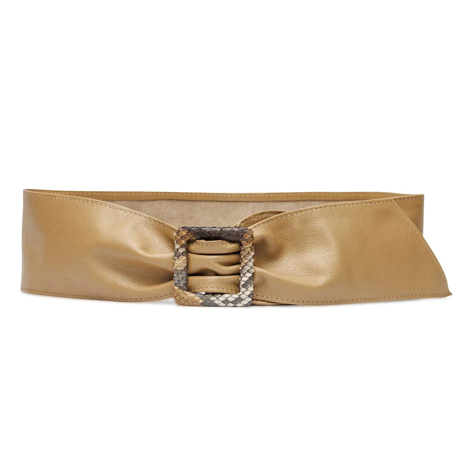 Luscious Calf Sash Belt with Python Covered Buckle - Camel