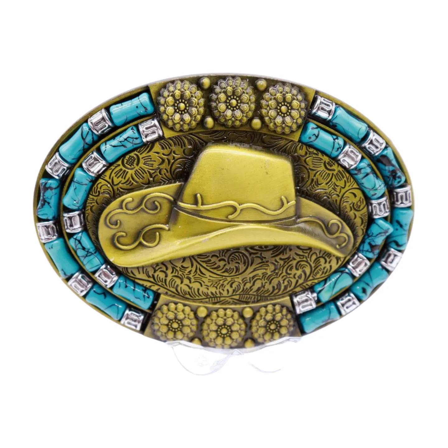 Men Antique Gold Metal Belt Buckle Cowboy Hat Turquoise Blue