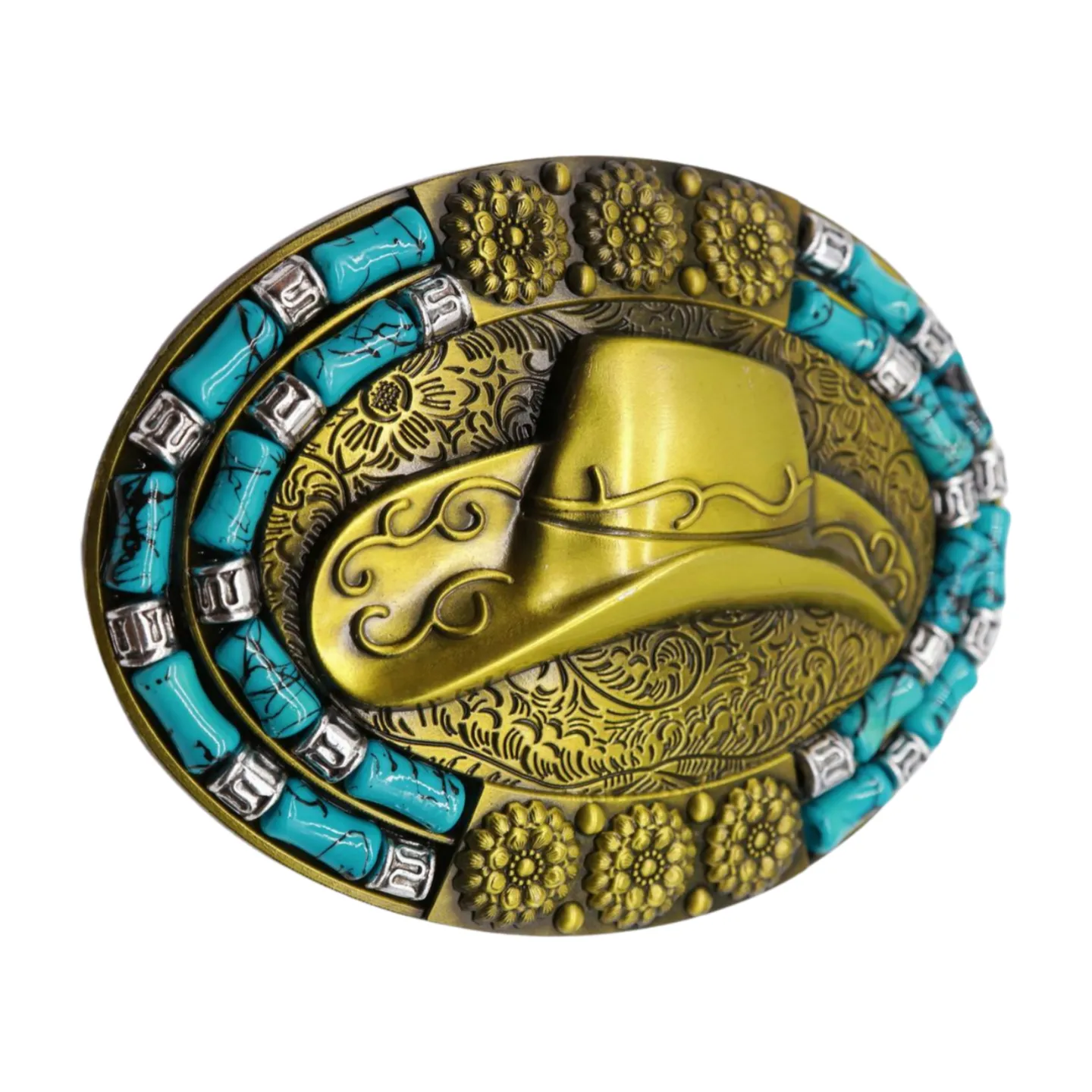 Men Antique Gold Metal Belt Buckle Cowboy Hat Turquoise Blue