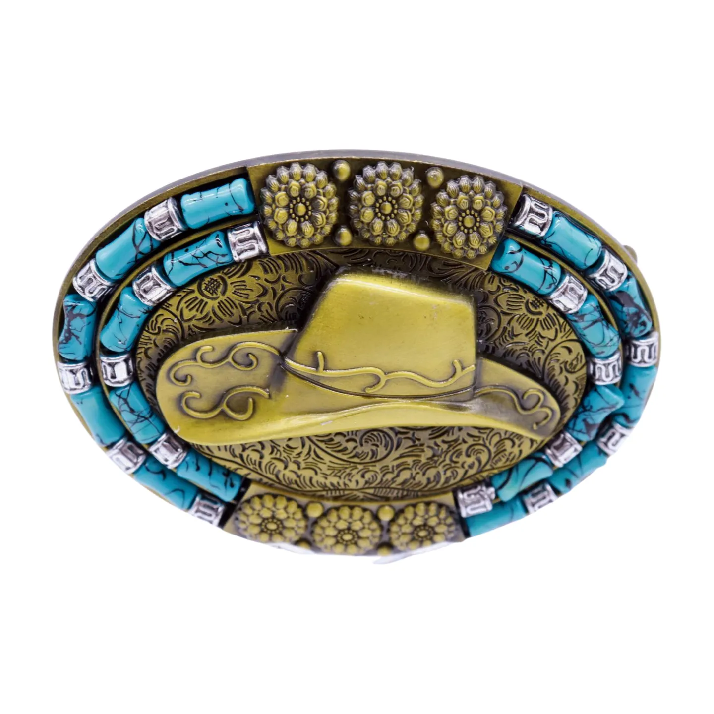 Men Antique Gold Metal Belt Buckle Cowboy Hat Turquoise Blue