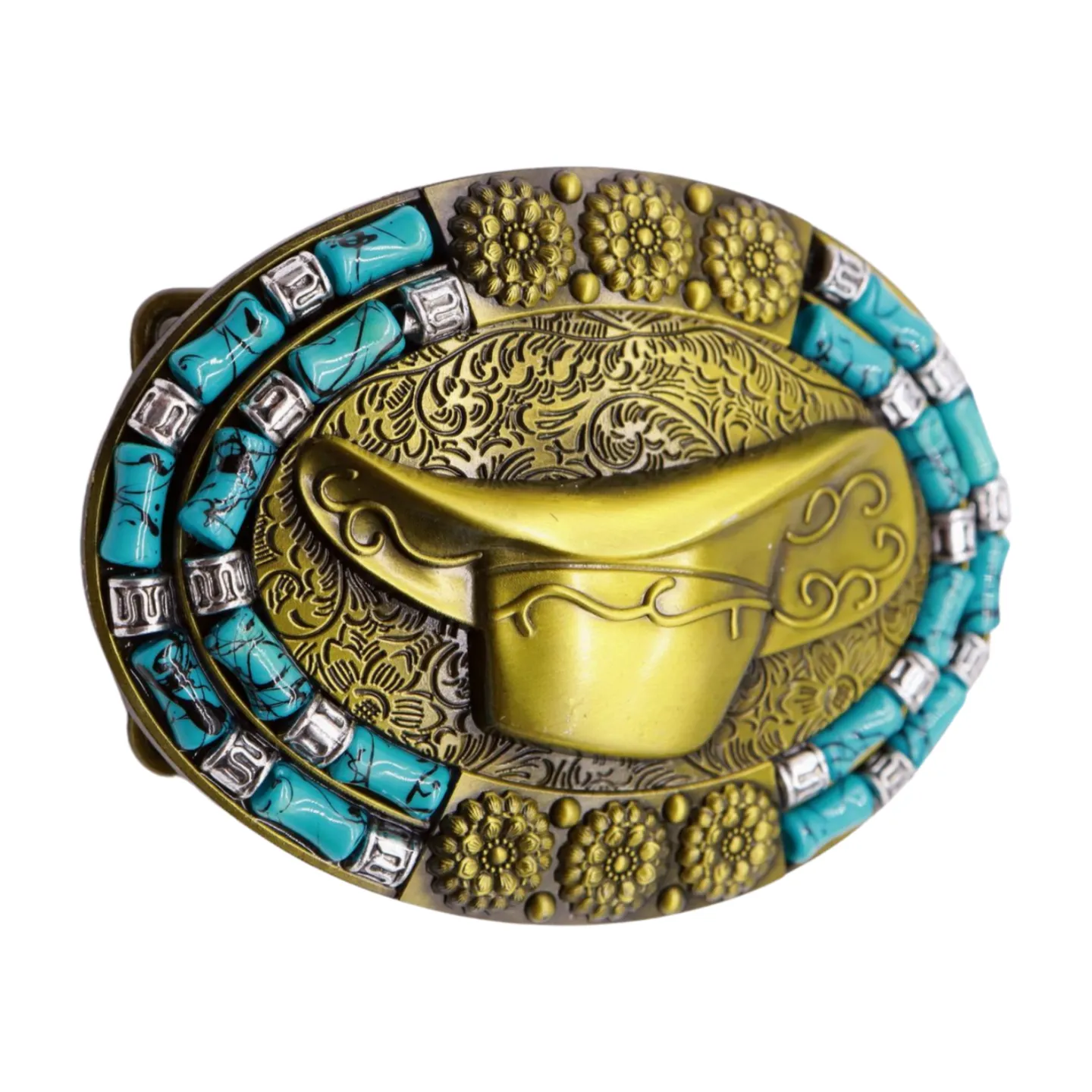 Men Antique Gold Metal Belt Buckle Cowboy Hat Turquoise Blue