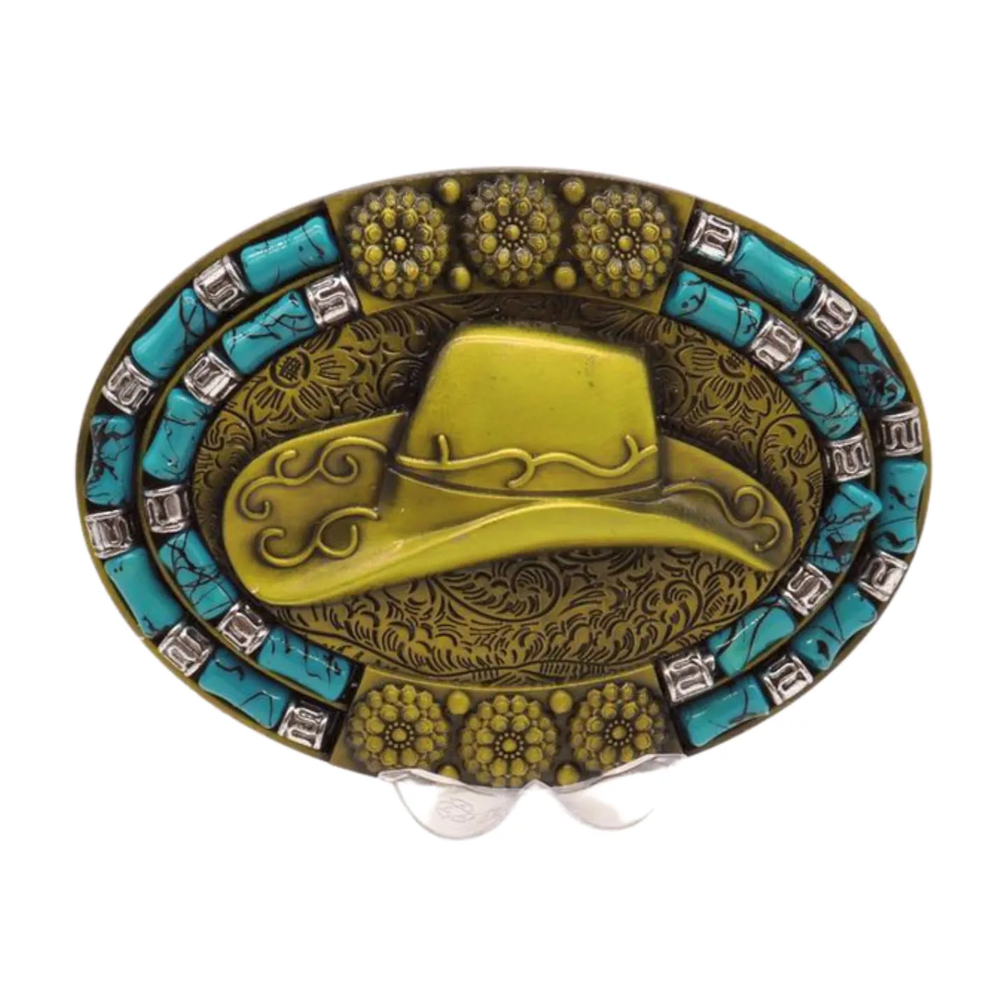 Men Antique Gold Metal Belt Buckle Cowboy Hat Turquoise Blue