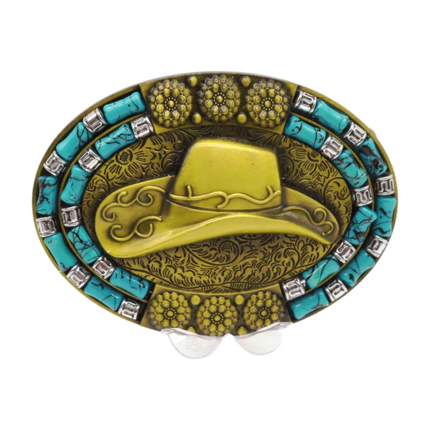 Men Antique Gold Metal Belt Buckle Cowboy Hat Turquoise Blue