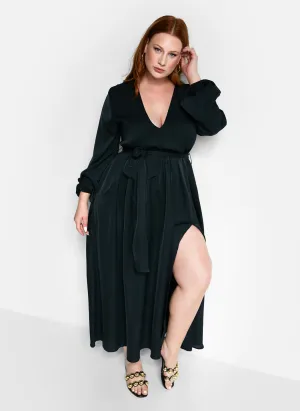 Merida Deep V Neck Belted Maxi Skater Dress - Black