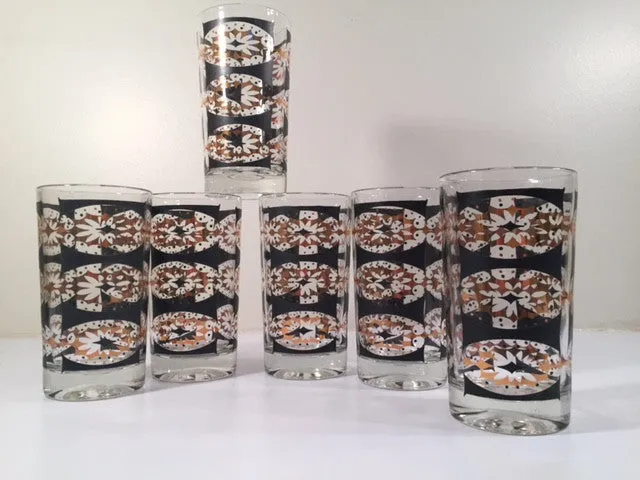 Mid-Century Black and 22-Karat Gold Abstract Glasses (Set of 6)