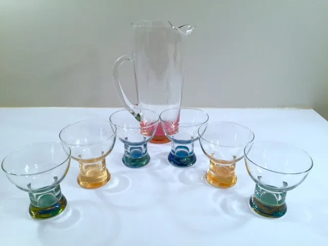 Mid-Century Vintage Rainbow Martini Pitcher with 6 low-ball glasses (1 Pitcher and 6 Low-Ball Glasses)