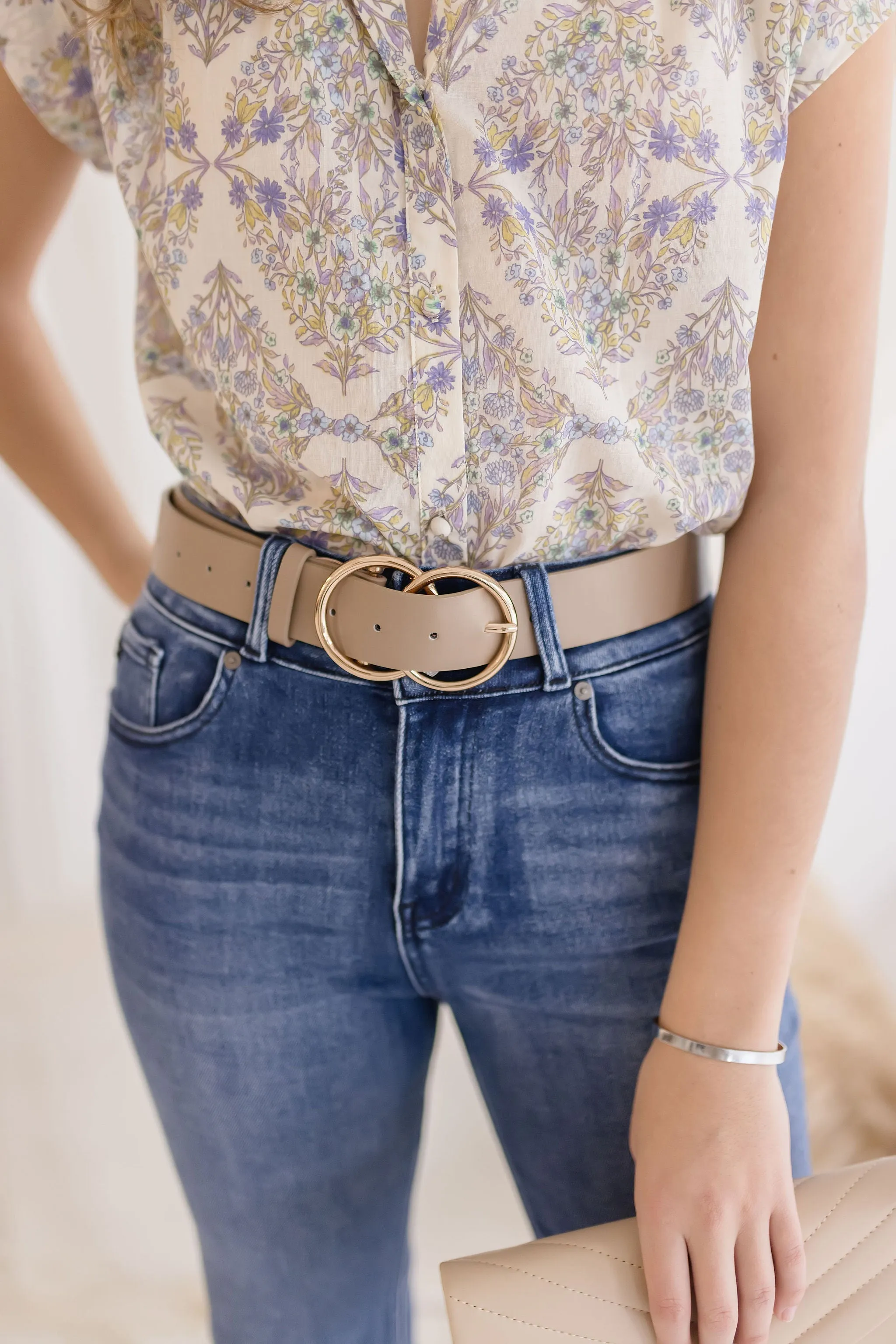 Regina Double Ring Faux Leather Belt Taupe