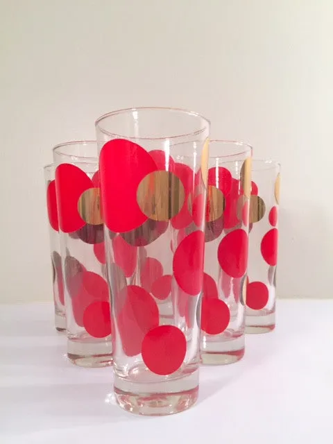 Russel Wright Mid-Century Bright Red & 22-Karat Gold Eclipse Tall Collins Glasses (Set of 6)