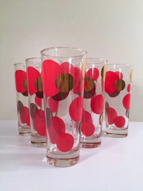 Russel Wright Mid-Century Bright Red & 22-Karat Gold Eclipse Tall Collins Glasses (Set of 6)