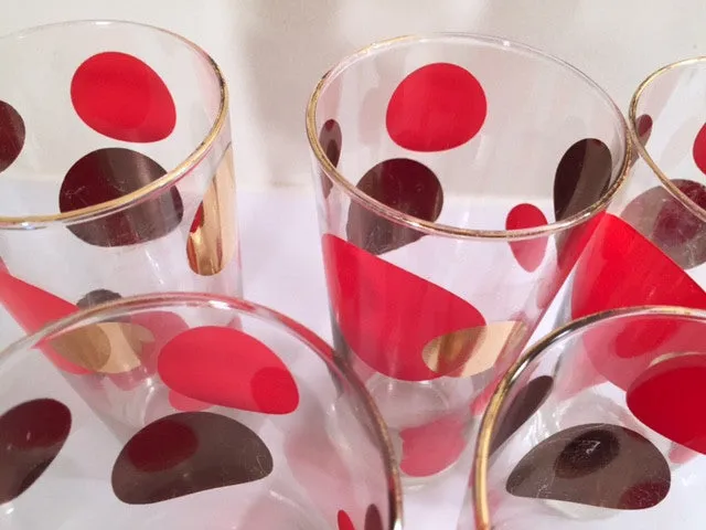 Russel Wright Mid-Century Bright Red & 22-Karat Gold Eclipse Tall Collins Glasses (Set of 6)