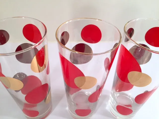 Russel Wright Mid-Century Bright Red & 22-Karat Gold Eclipse Tall Collins Glasses (Set of 6)