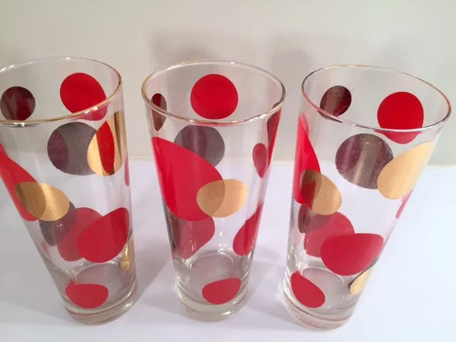 Russel Wright Mid-Century Bright Red & 22-Karat Gold Eclipse Tall Collins Glasses (Set of 6)