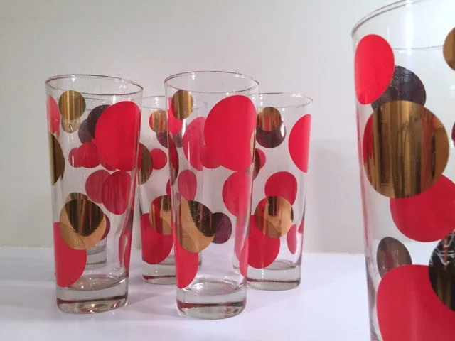 Russel Wright Mid-Century Bright Red & 22-Karat Gold Eclipse Tall Collins Glasses (Set of 6)