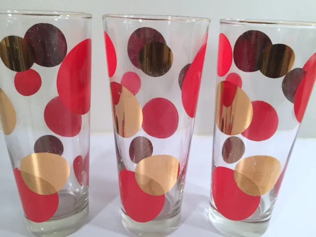 Russel Wright Mid-Century Bright Red & 22-Karat Gold Eclipse Tall Collins Glasses (Set of 6)