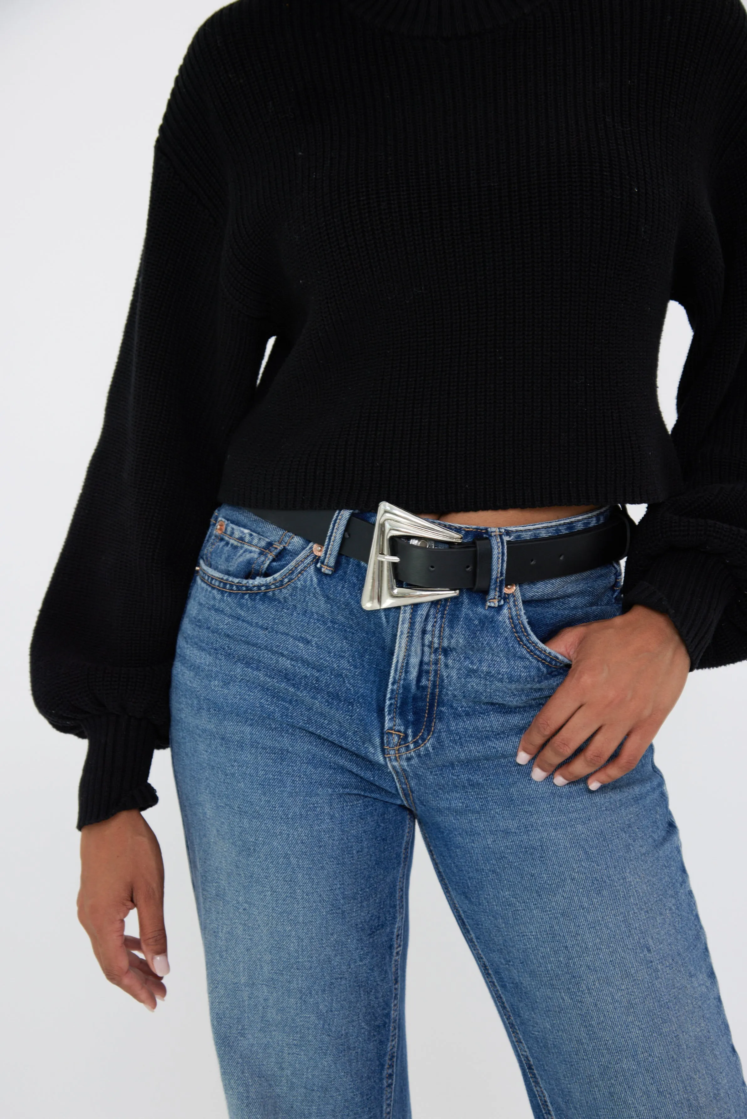 Sculptural Buckle Belt in Black and Silver