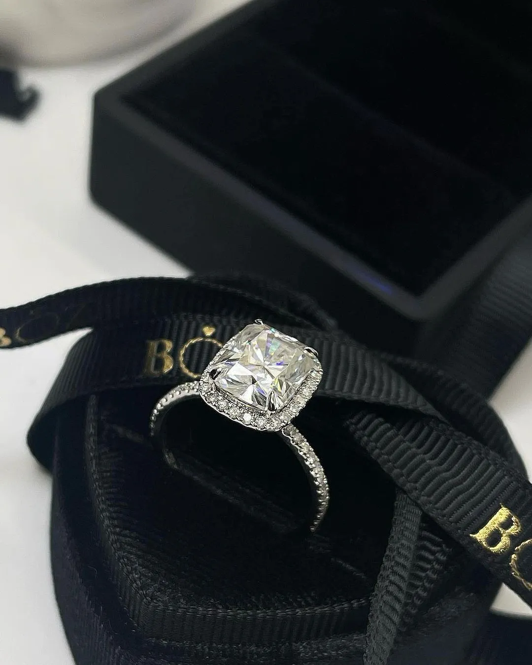 Tia Natural Diamond & Moissanite Cushion Engagement Ring