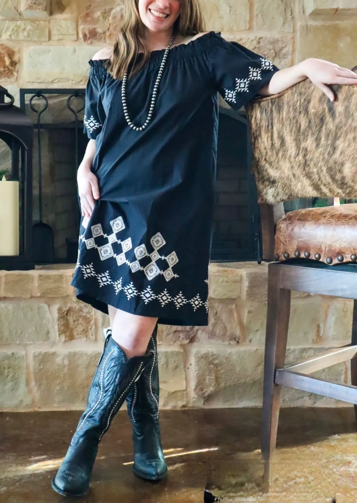 Western Off the Shoulder Embroidered Dress