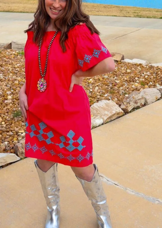 Western Off the Shoulder Embroidered Dress